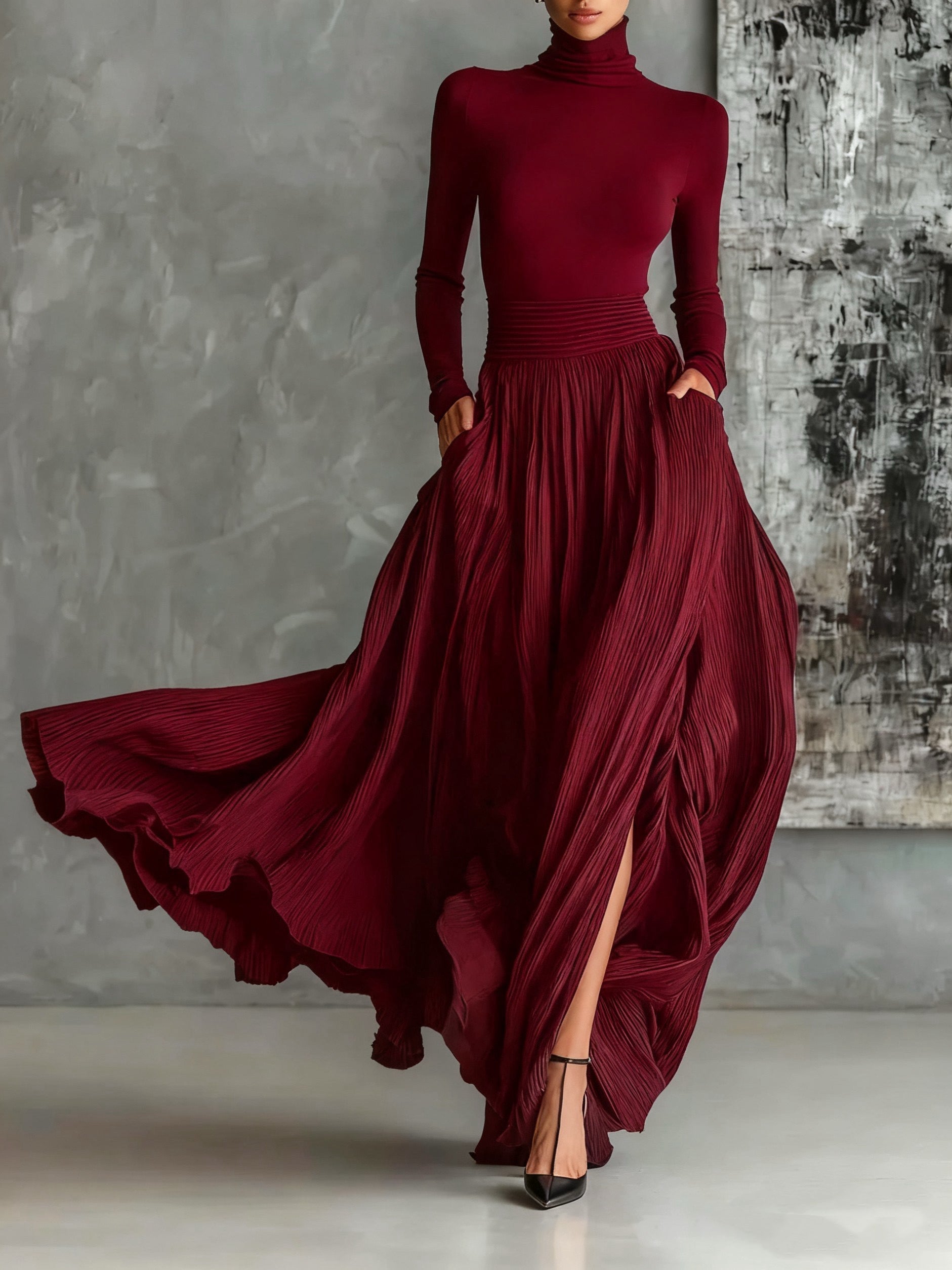 Conjunto elegante Ingrid de Vega Madrid con falda plisada en tonos neutros, vista frontal del conjunto completo.
