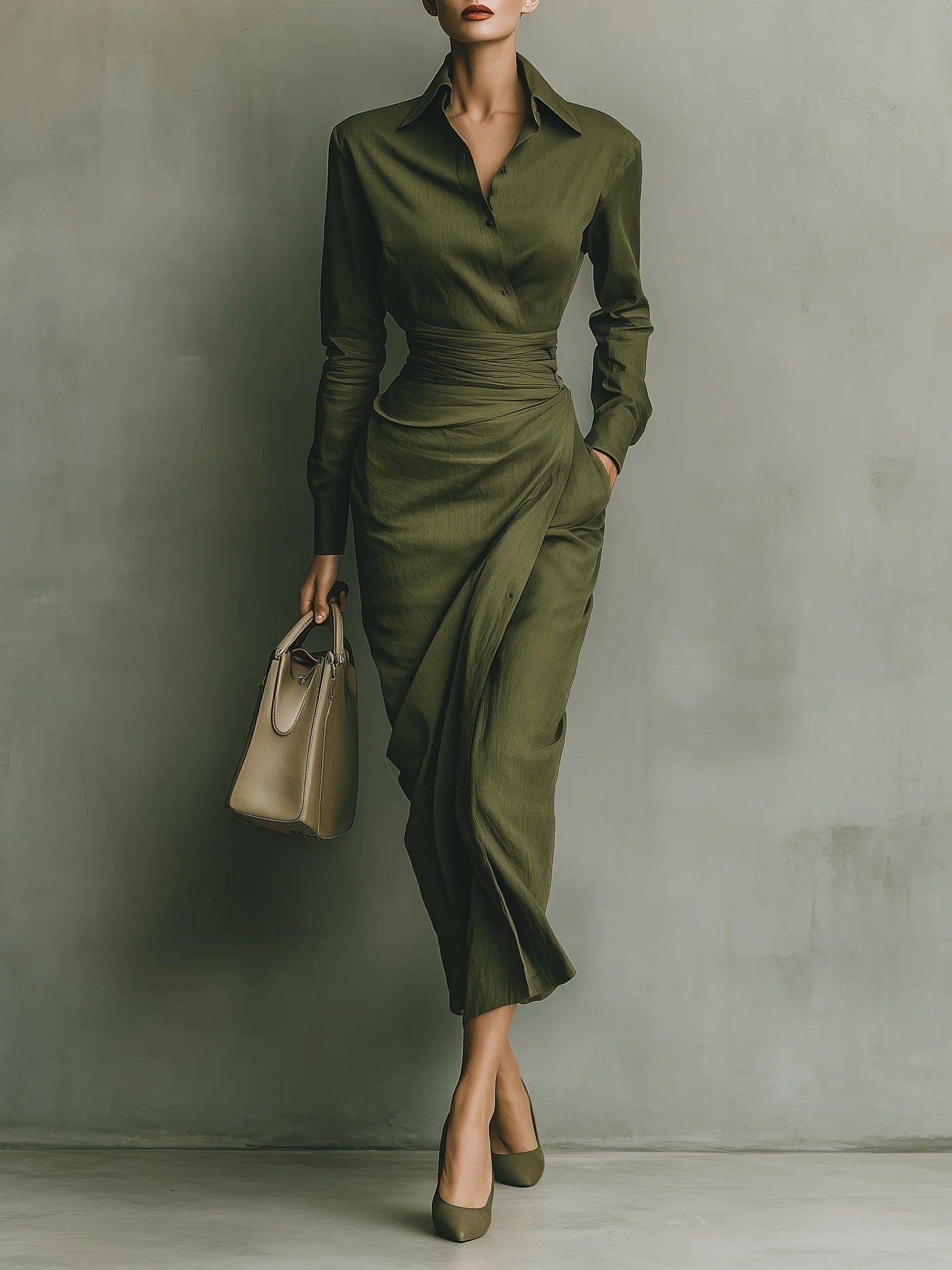 Vestido largo Tatiana en verde militar de Vega Madrid, con corte elegante y detalles modernos.