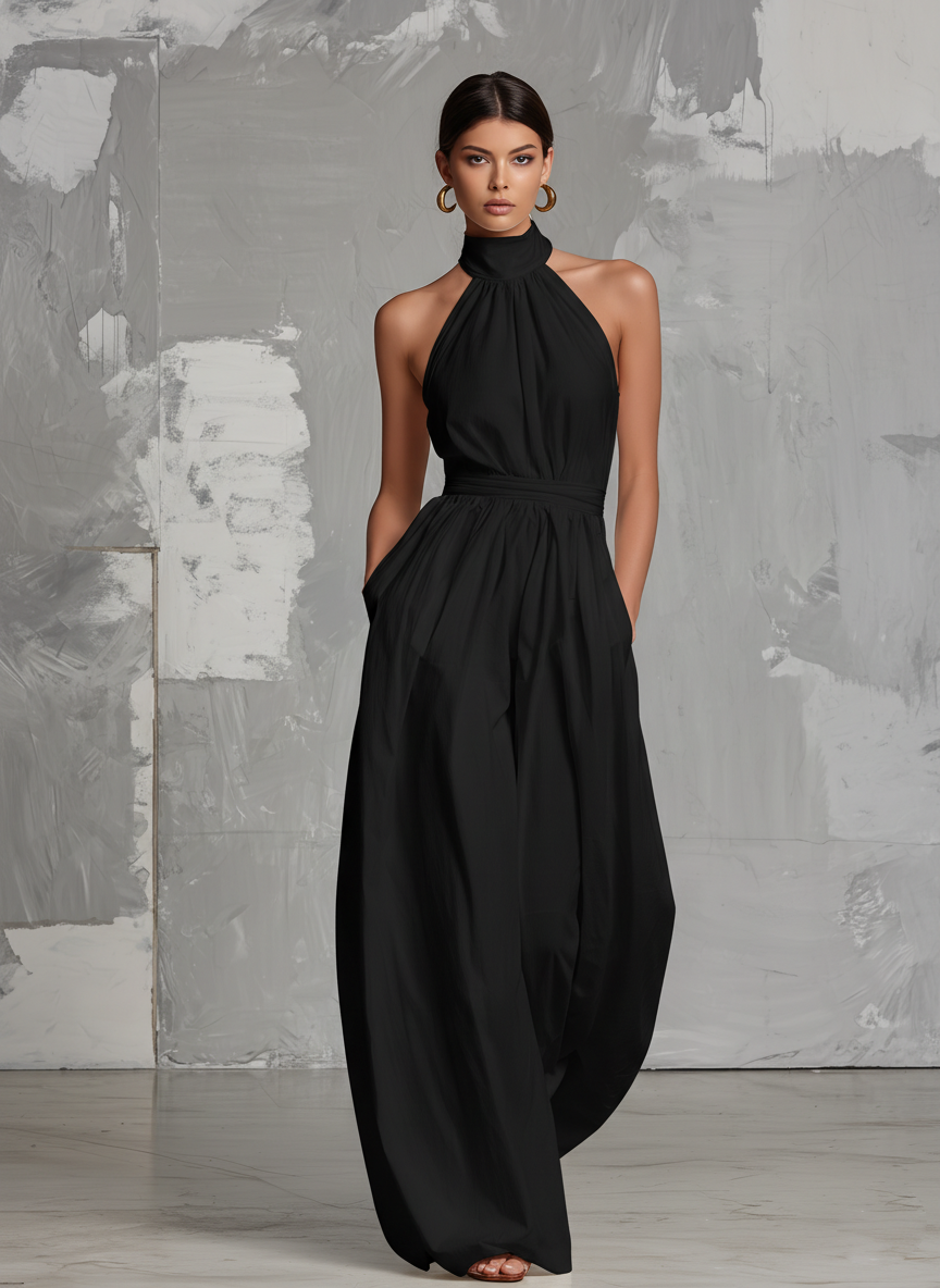 Mono sin mangas y cuello halter Fabiola de Vega Madrid, elegante y moderno en color negro, mostrado en la imagen.