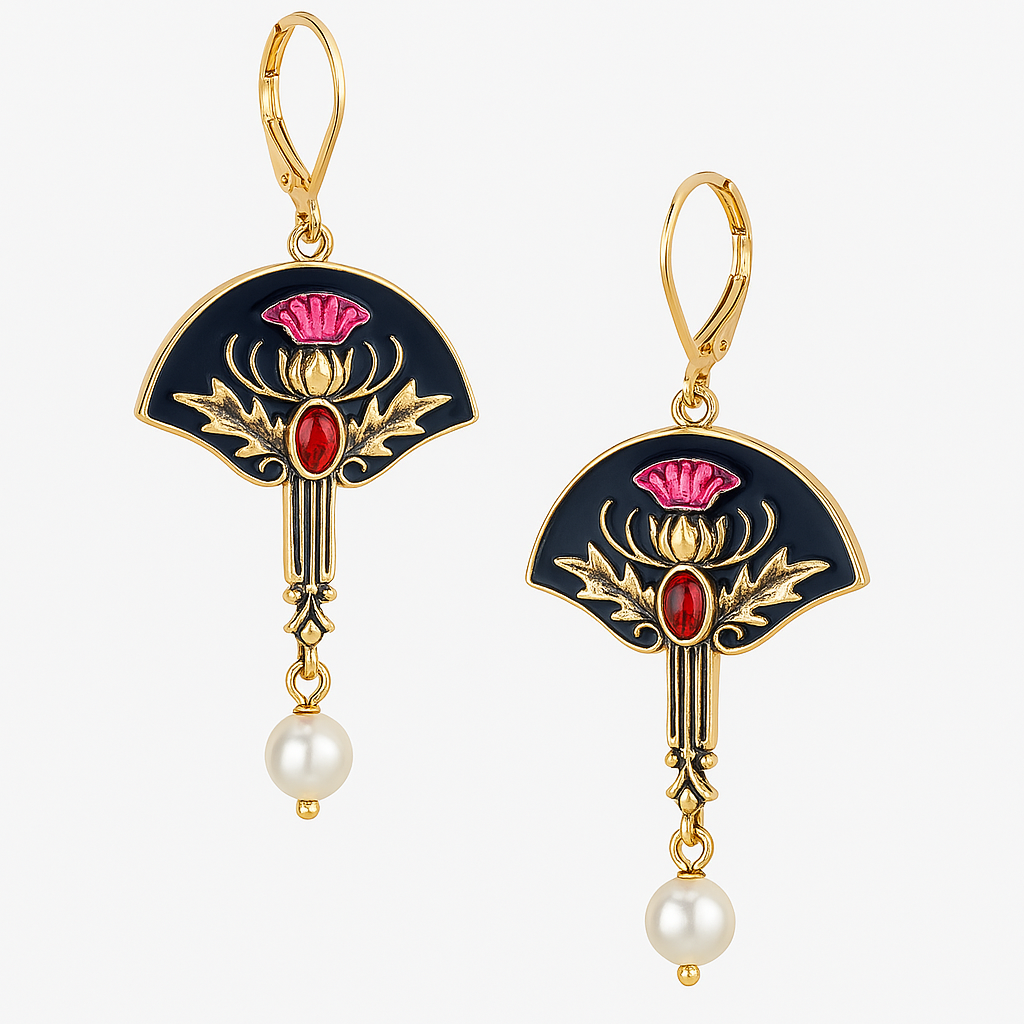 Pendientes boho de Vega Madrid con perlas blancas y cristales rojos, colgantes elegantes y detallados para un estilo bohemio.