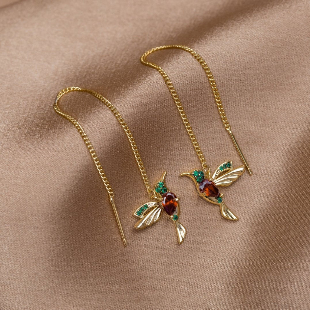 Pendientes colibrí con cristales y borlas, pendientes de moda de Vega Madrid, colgantes y elegantes para mujer