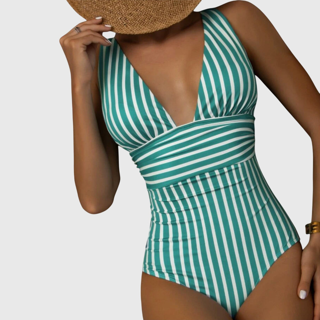 Bañador con rayas Aurora de Vega Madrid, diseño de traje de baño con estampado a rayas en colores vibrantes.
