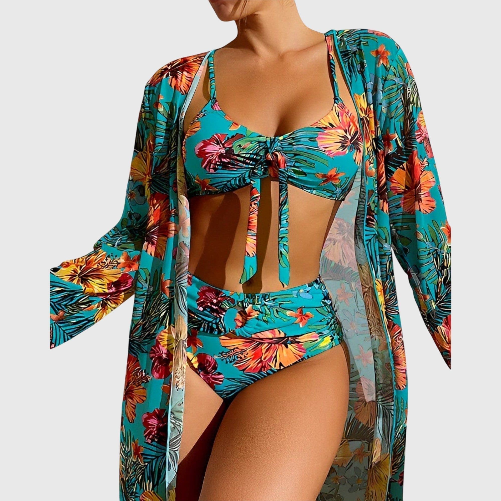 Conjunto de bikini Luna de Vega Madrid, con top y braguita en tela azul con detalles blancos, para playa o piscina.