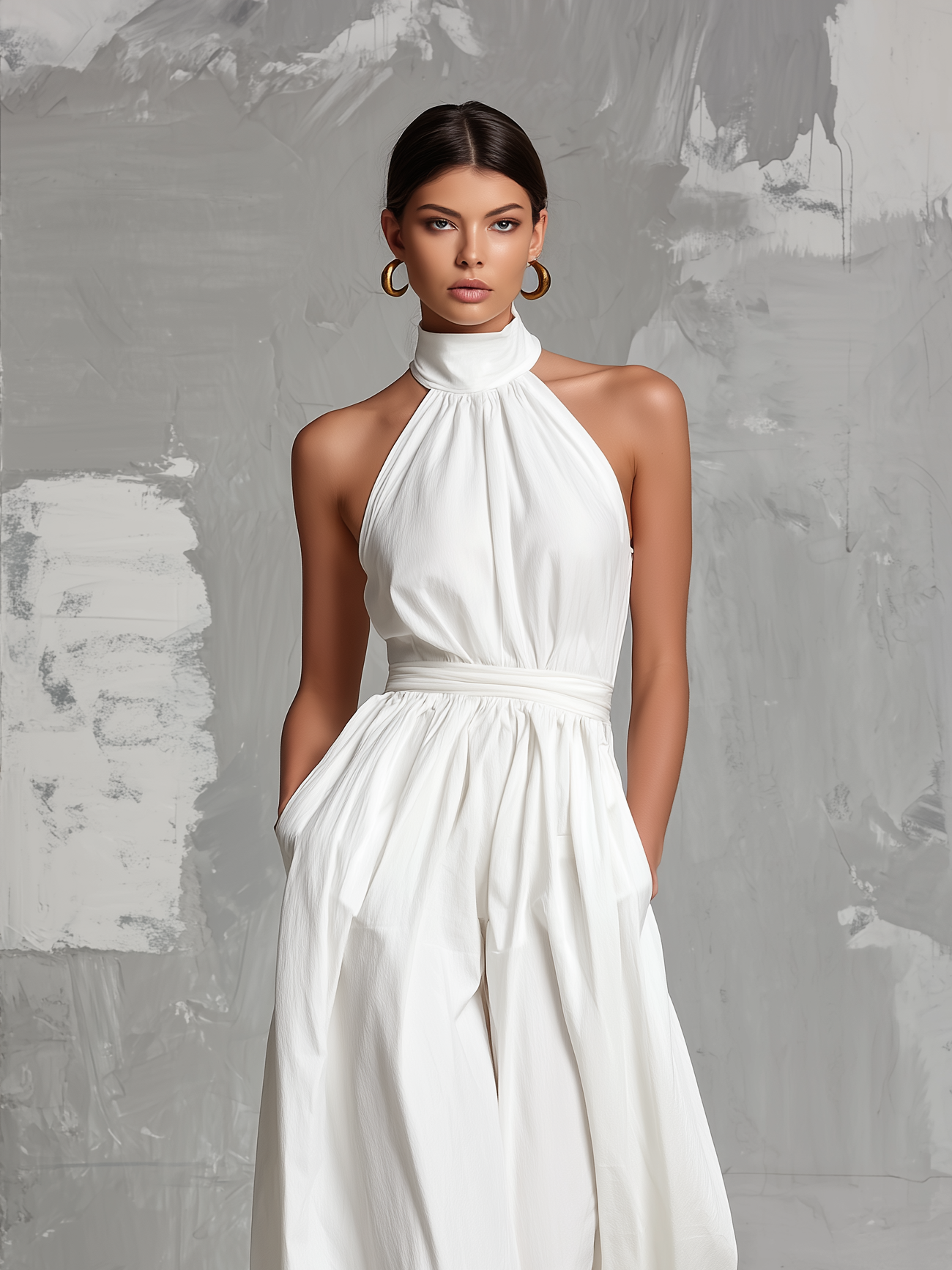 Mono sin mangas y cuello halter Fabiola de Vega Madrid, diseño elegante en color neutro, mostrado en la imagen