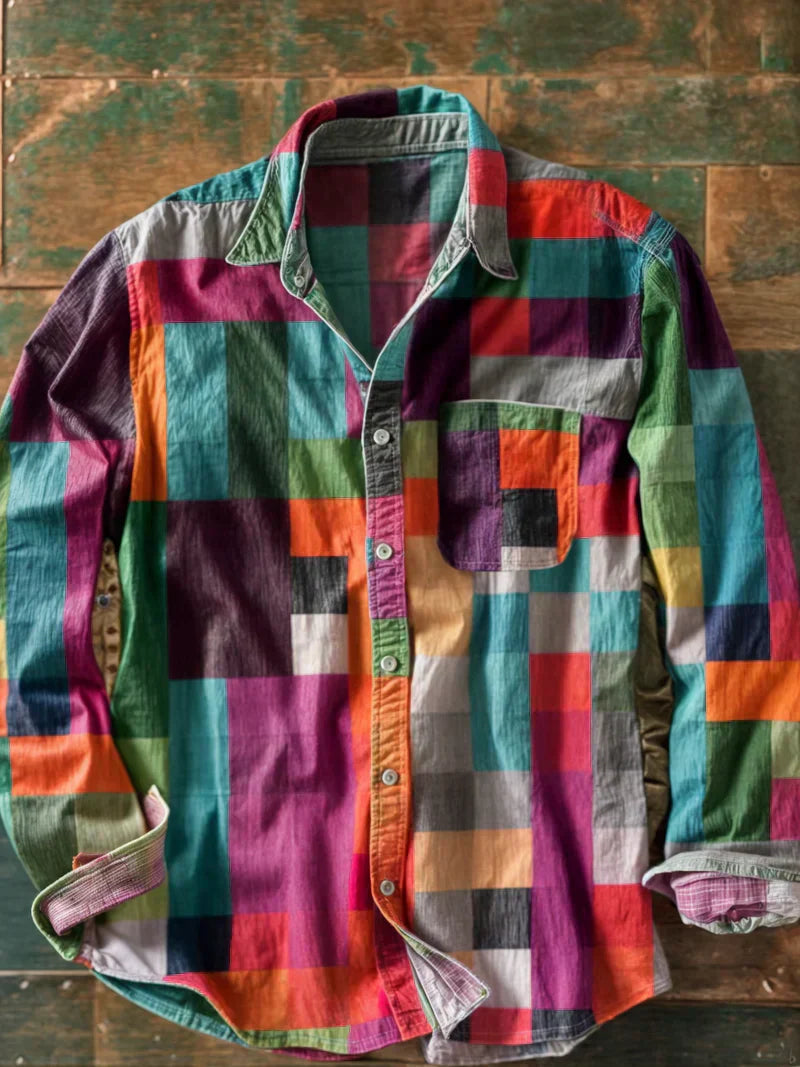 Camisa Arturo de Vega Madrid con diseño de mosaico en colores vibrantes y detalles elegantes, vista frontal en la imagen.