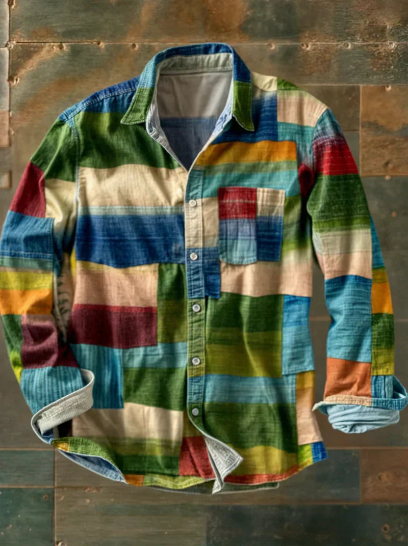 Camisa Arturo de Vega Madrid con diseño de mosaico en colores vibrantes y estilo moderno.