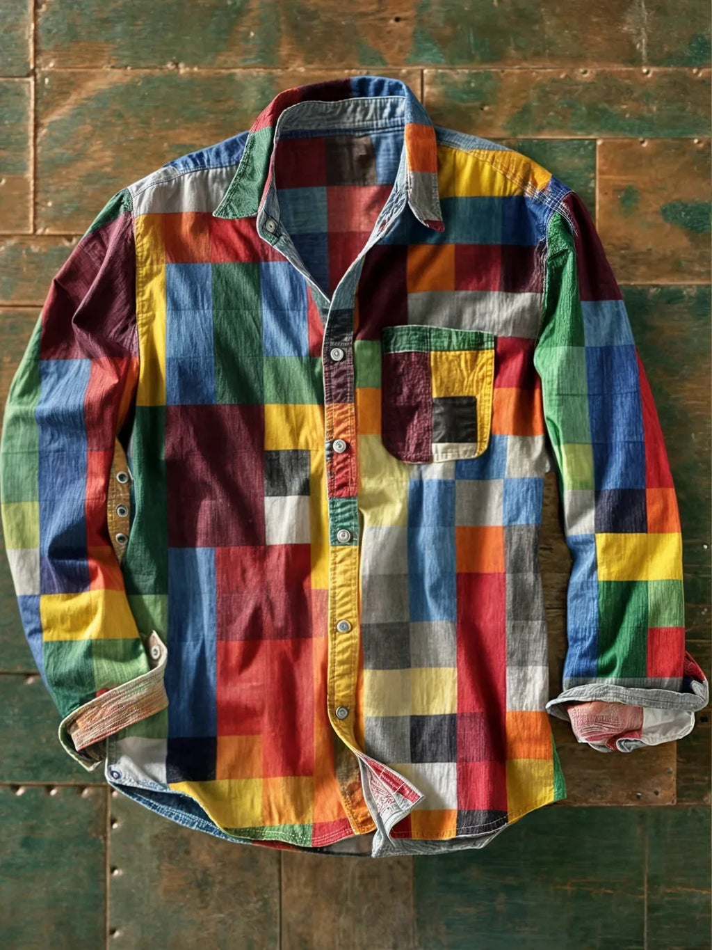 Camisa Arturo de Vega Madrid con diseño de mosaico en colores vibrantes y patrón geométrico visible en la imagen.