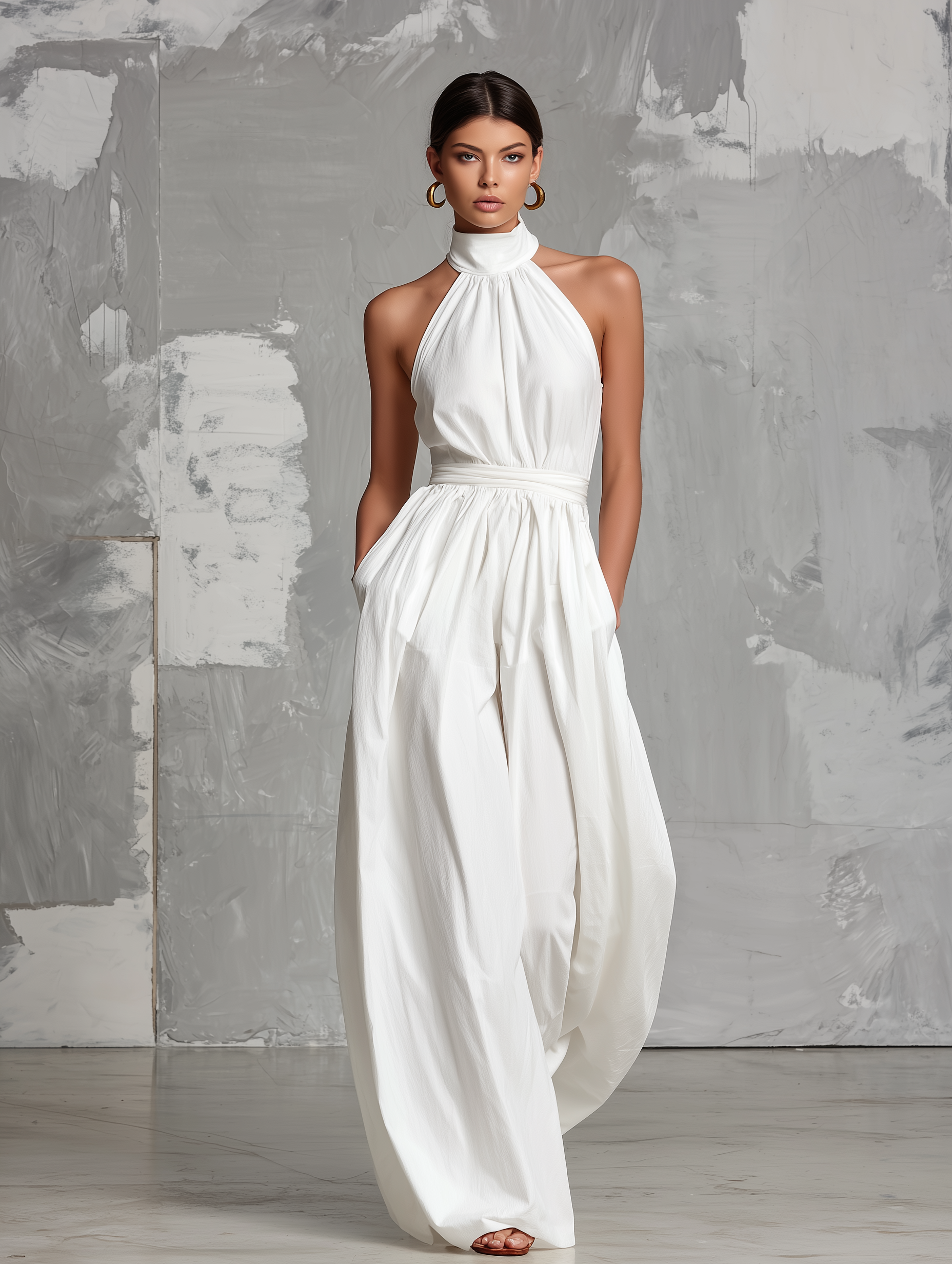 Mono sin mangas y cuello halter Fabiola de Vega Madrid, elegante vestido de estilo sofisticado en color neutro.