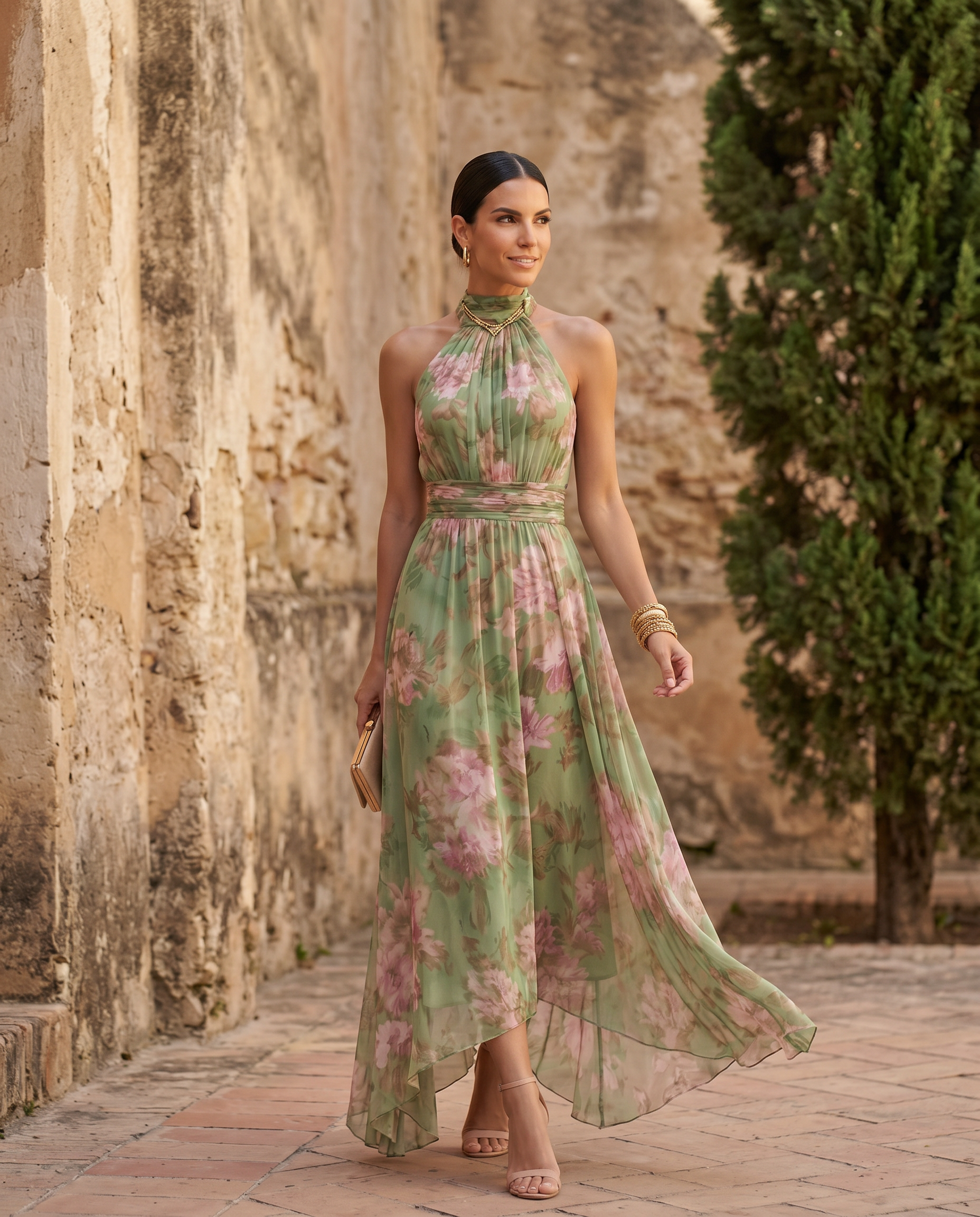 Vestido largo floral con cuello halter de Vega Madrid, mostrada en una fotografía de estilo casual y elegante.