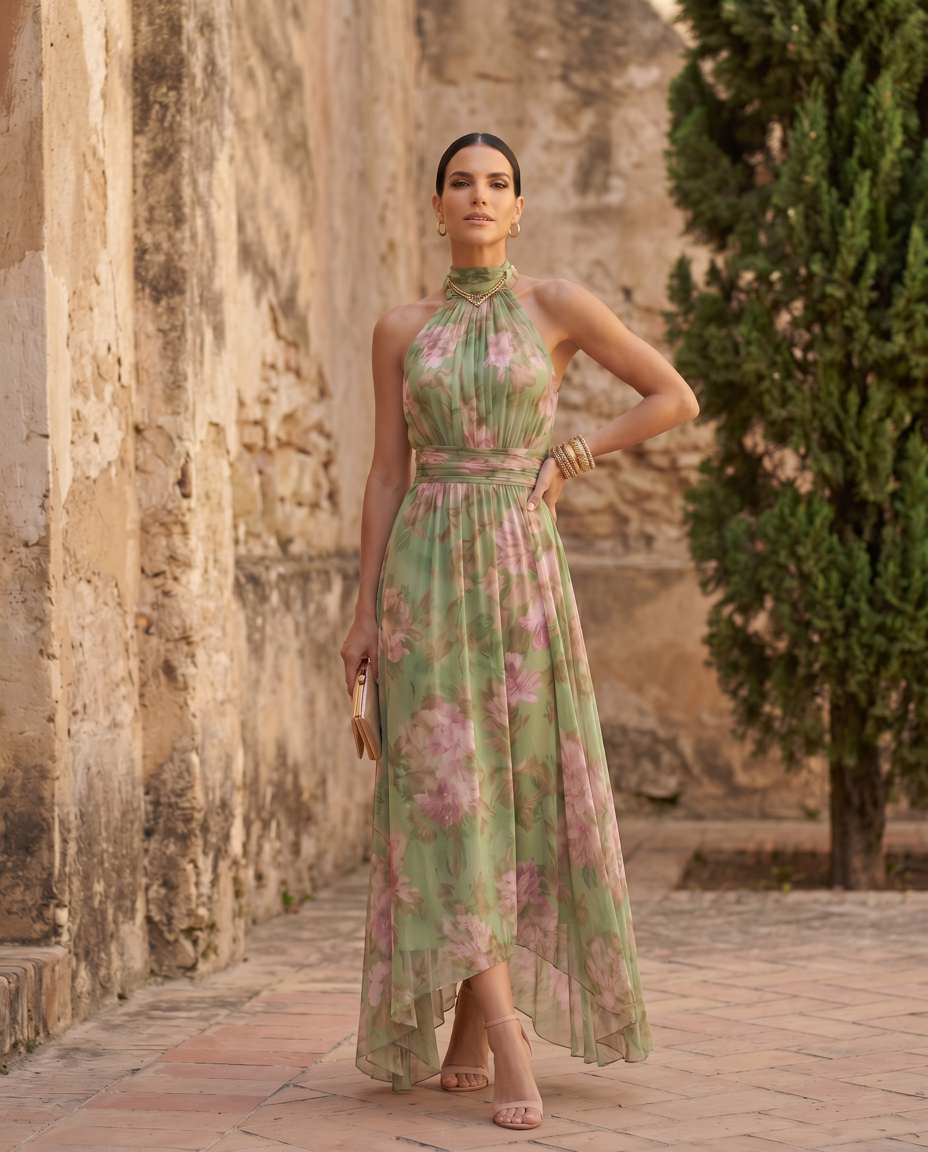 Vestido largo floral con cuello halter de Vega Madrid, diseñado con estampados vibrantes y corte elegante para mujer.