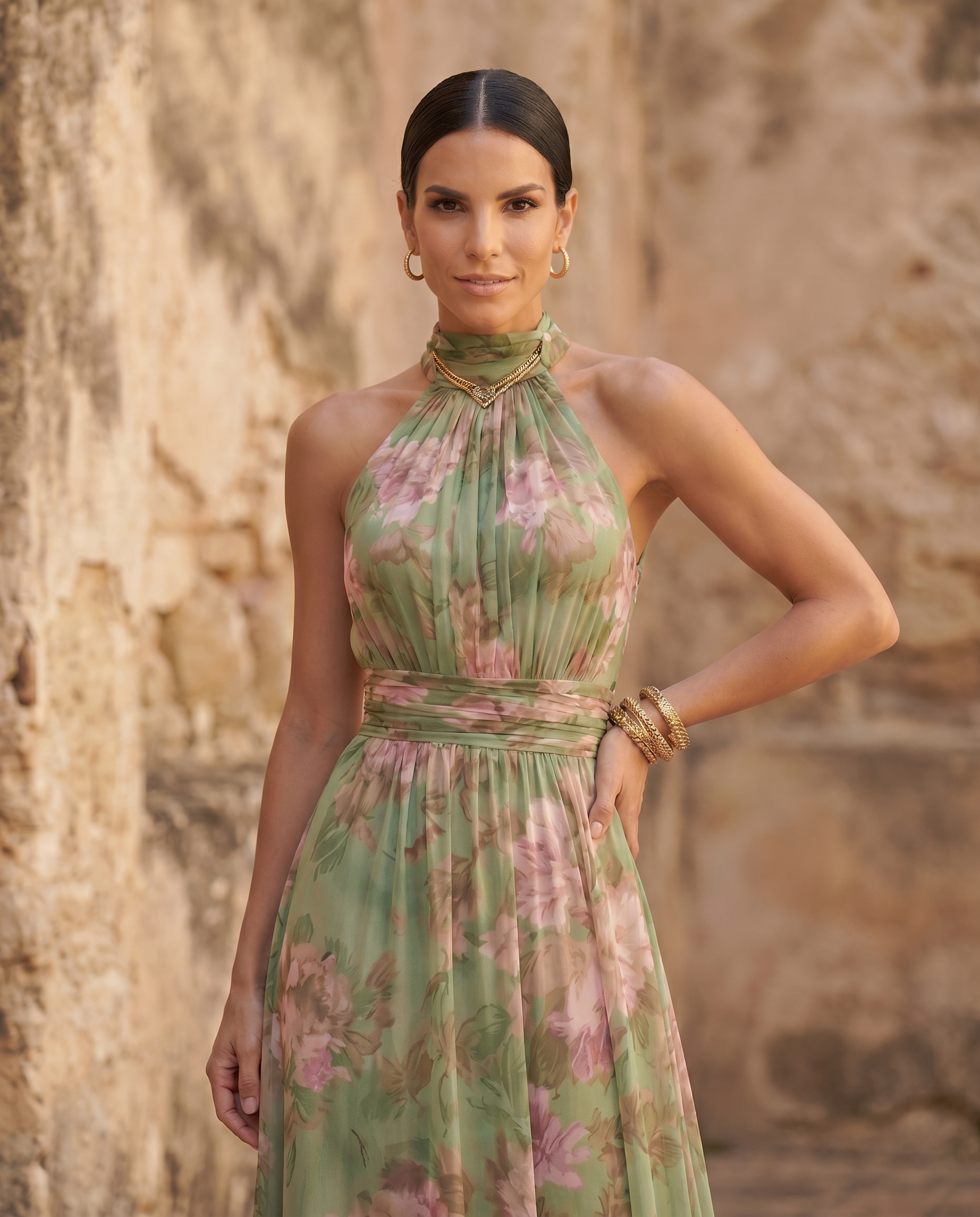 Vestido largo floral con cuello halter de Vega Madrid, modelo con diseño elegante y estampado colorido.