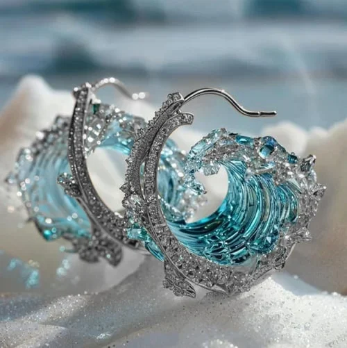 Pendientes largos de plata con diseño inspirado en el océano, de la marca Vega Madrid, ideales para un estilo elegante y sofisticado.