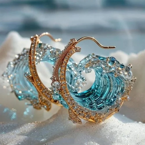 Pendientes de oro con diseño de olas y perlas, inspirados en el océano, de la marca Vega Madrid.