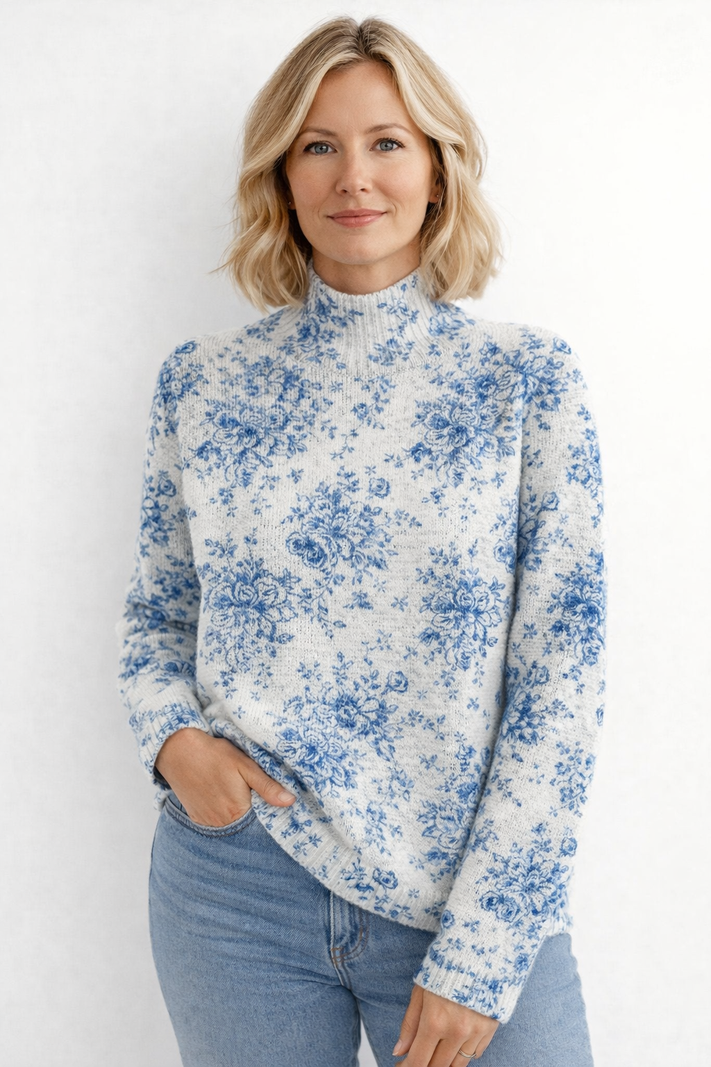 Clara | Jersey Floral con Cuello Alto y Tejido Suave - Vega Madrid