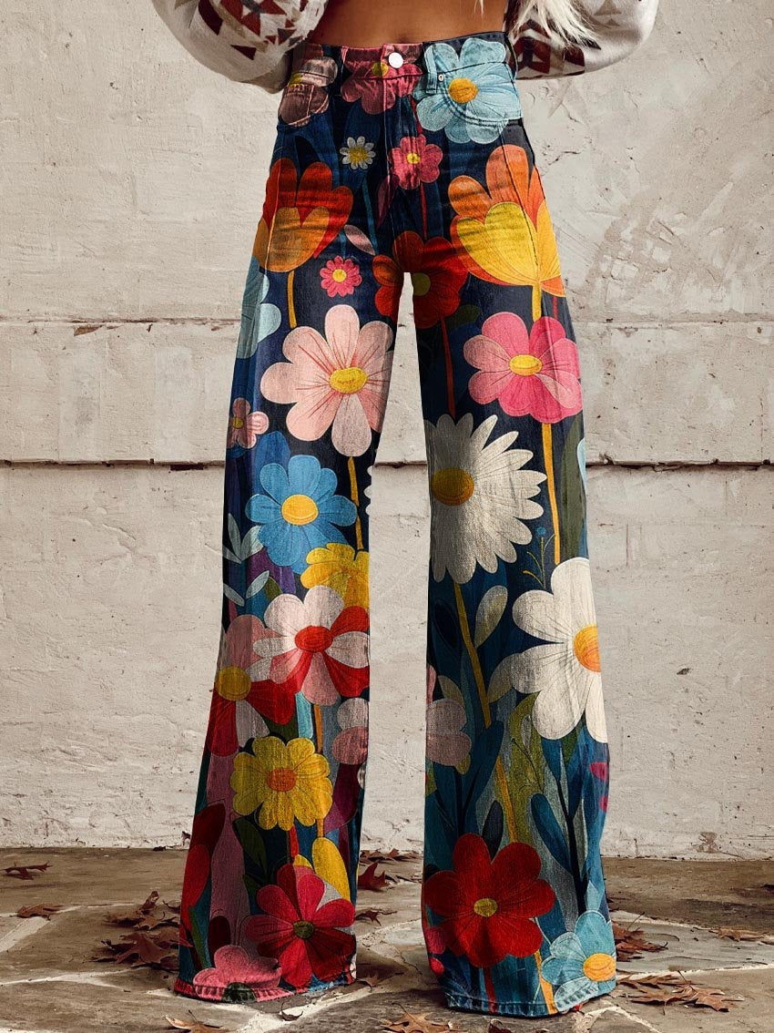 Pantalones anchos con estampado floral Léna de Vega Madrid, vista frontal que muestra su diseño colorido y cómodo estilo bohemio