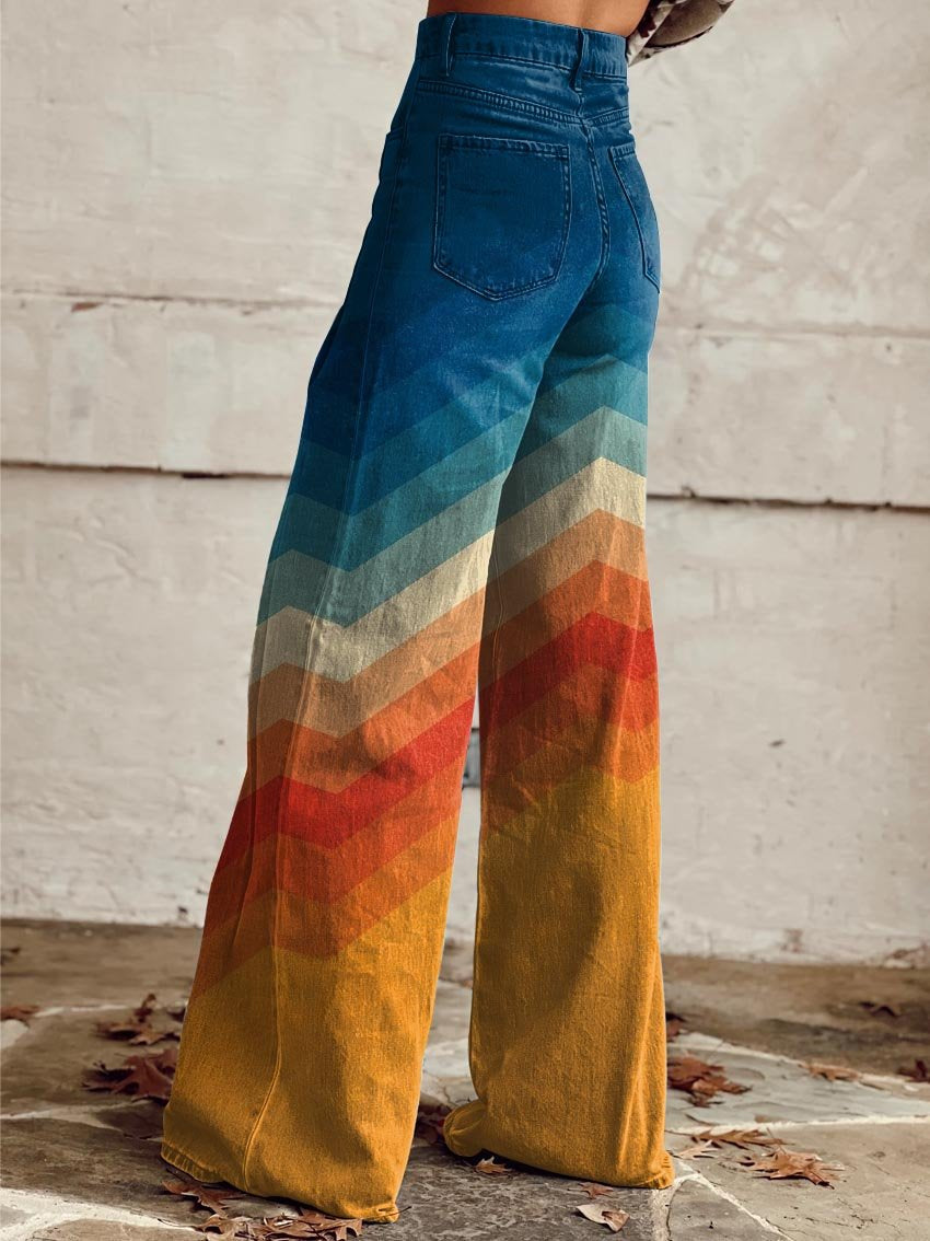 Pantalón retro zigzag elegante Léa de Vega Madrid, con diseño colorido y corte ajustado, visible en la imagen.