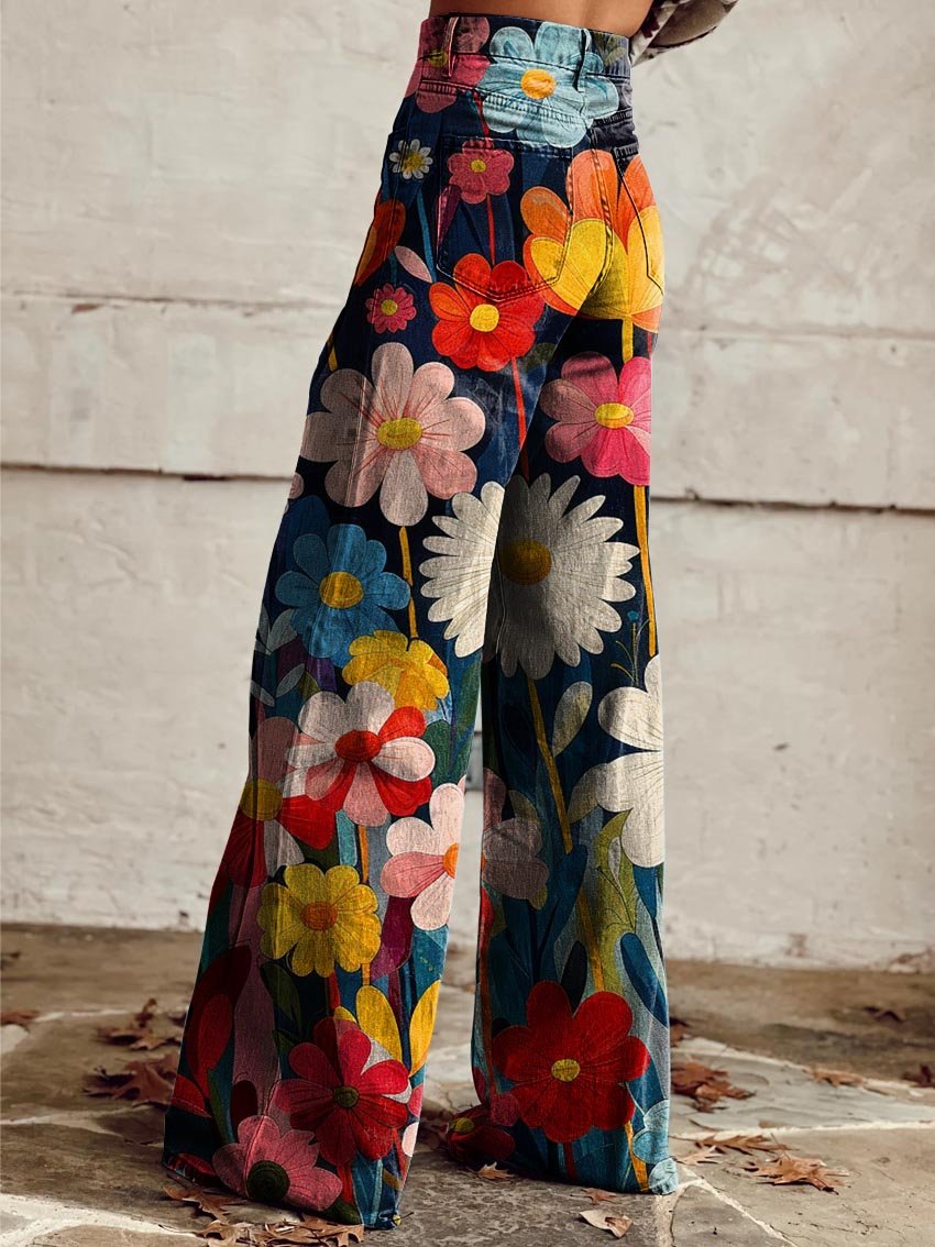 Pantalones anchos con estampado floral Léna de Vega Madrid, vista frontal en color vibrante y diseño femenino.