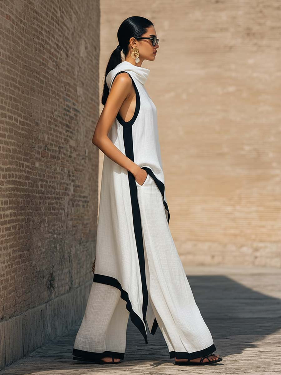 Conjunto de dos piezas de lino y algodón Laila de Vega Madrid, elegante con corte artístico, en tonos neutros y estilo sofisticado.