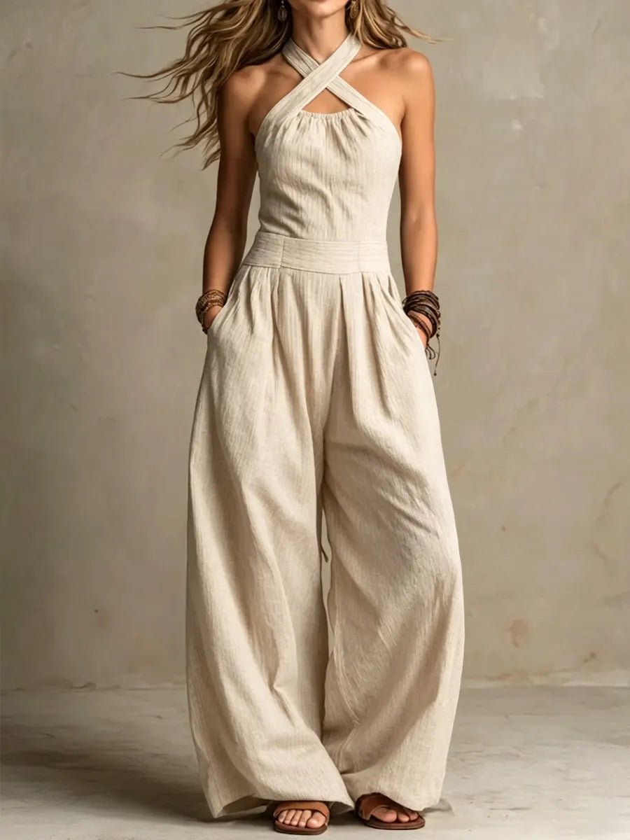 Mono de lino y algodón Bianca de Vega Madrid con escote cruzado, diseño elegante y cómodo para ocasiones casuales.