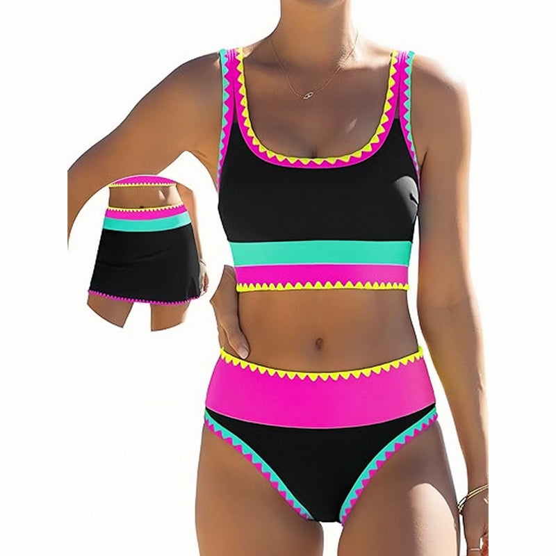 Bañador de tres piezas Celia, diseño multicolor de Vega Madrid, con top, braguita y falda en estilo veraniego y vibrante.